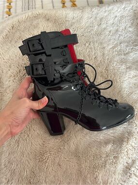 ViVI Black Patent Lace-Up Block Heel Ankle Boots with Buckle Straps gothic punk